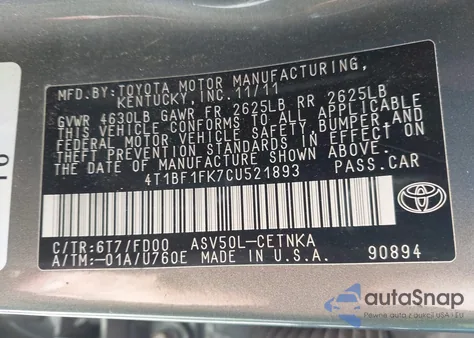 2012 Toyota Camry Le z USA, uszkodzony, nr VIN 4T1BF1FK7CU521893